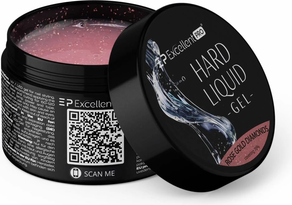 Xhel ndërtues i fortë për thonj për femra Excellent PRO Hard Liquid Gel Rose Gold Diamonds 15g