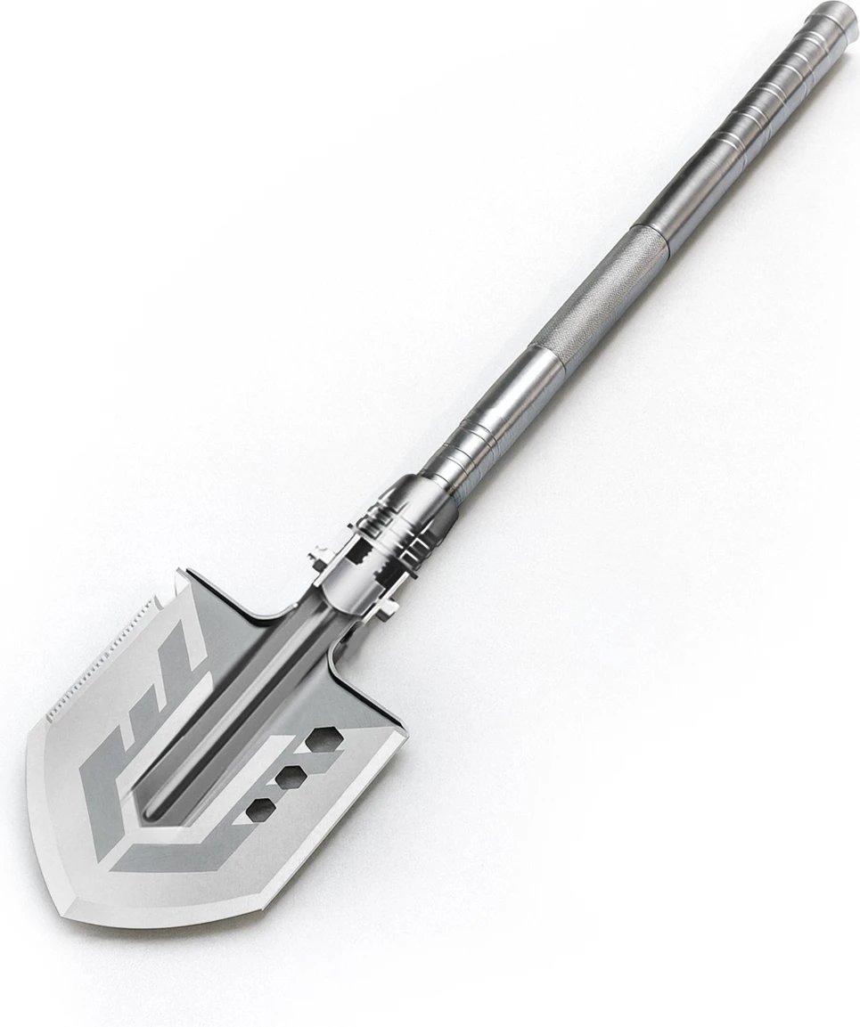 Lopatë multifunksionale palosëse, Wozinsky WSS-211, çelik inox, me thikë & sharrë, thyes xhami, fishkëllimë me çakmak, me këllëf, gri