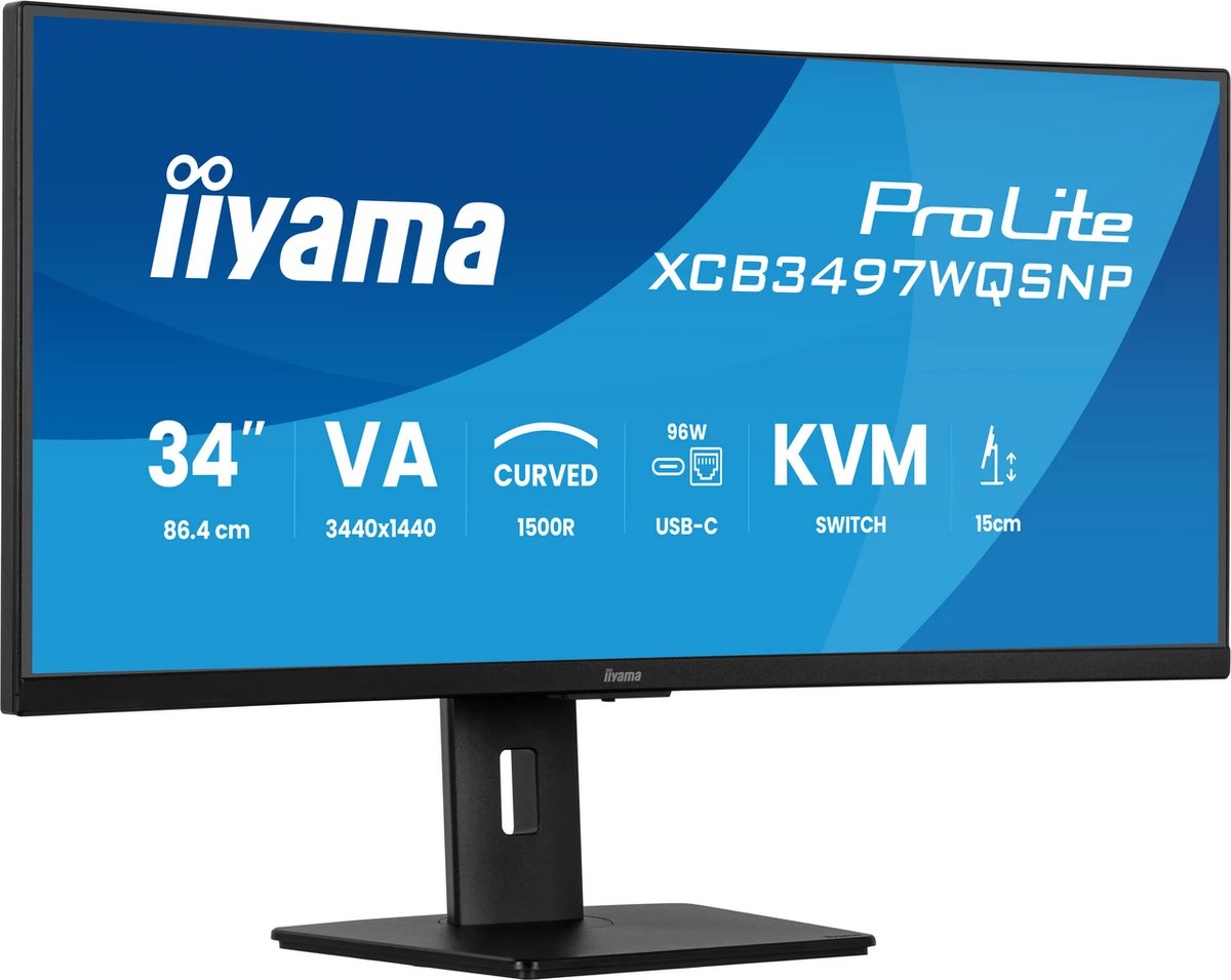 Monitor, iiyama ProLite XCB3497WQSNP-B1 34" UWQHD 3440x1440 VA i lakuar 1500R USB-C 96W KVM rregullim lartësie 15 cm, i zi