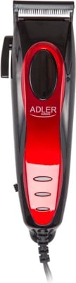 Makinë qethëse, Adler, AD 2825, teh çeliku inox 45 mm, 4 krehra 3-12 mm, kabllo 1.9 m, 15 W, prizë C, e kuqe/zezë, set me brushë gërshërë dhe vaj