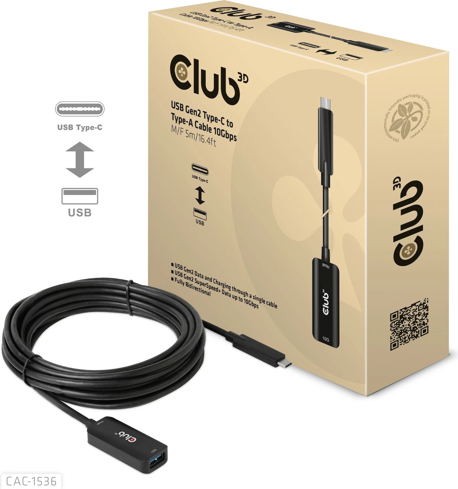 Kabllo USB Club3D USB 3.2 Type-C në Type-A 5m e zezë
