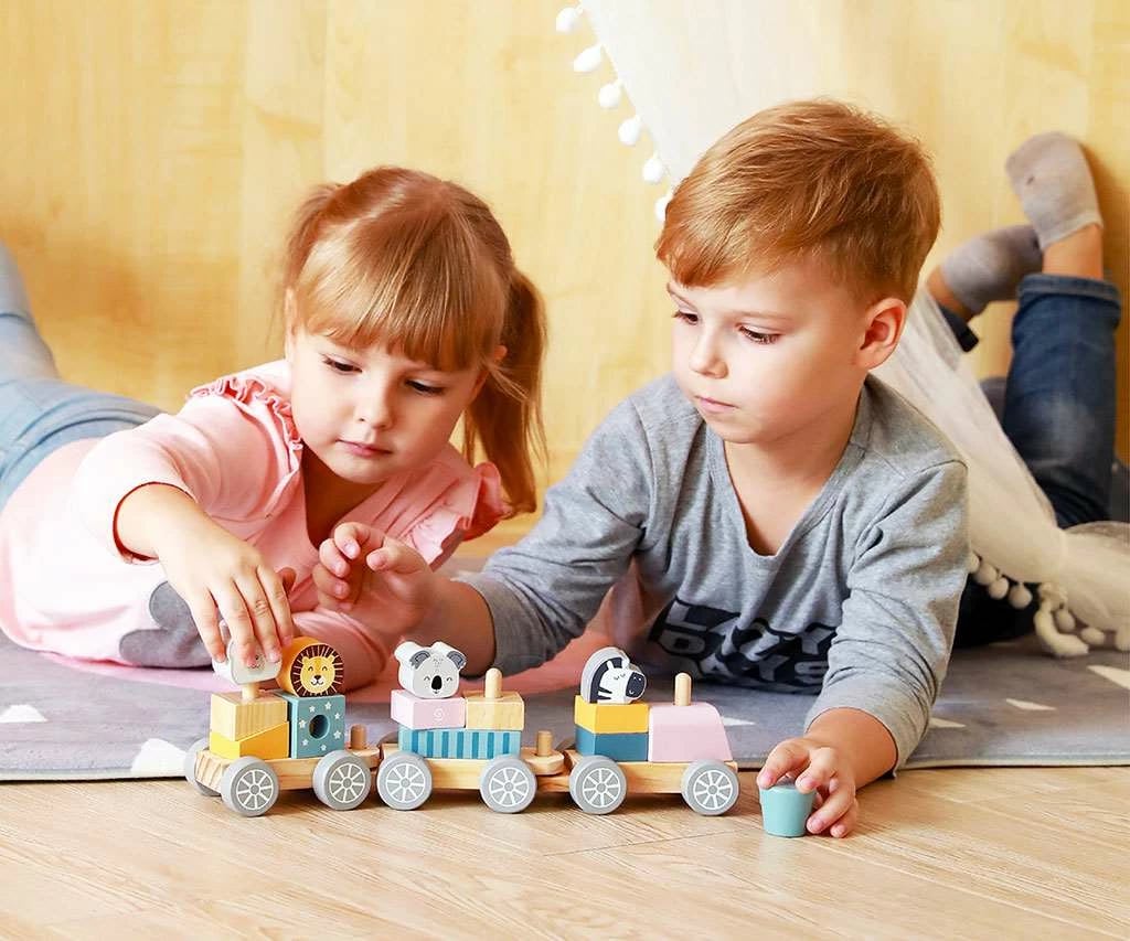 tren druri me kafshë, Viga PolarB, 3 vagona me blloqe, 33 cm, për 18+ muaj, multingjyrësh, set