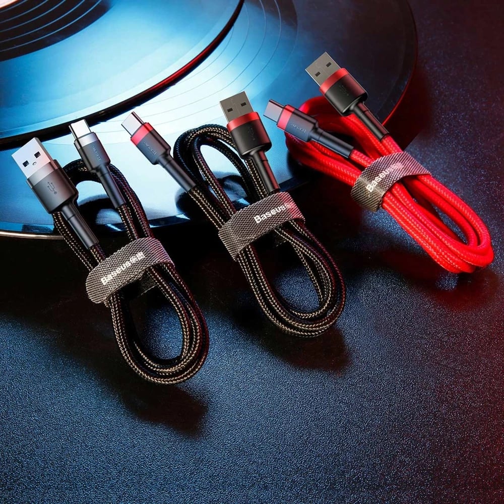 Kabllo Baseus Cafule CATKLF-A91 USB-A në USB-C, 0.5m, 3A, QC 3.0, e zezë dhe e kuqe