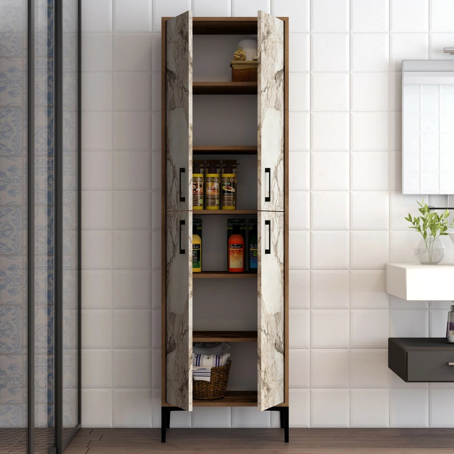 Dollap shumëpërdorimësh, ngjyrë arre dhe mermeri të bardhë, Skye Decor, Berlin A