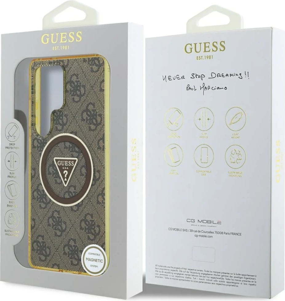 Mbështjellës Guess 4G Glitter Triangle Buttons MagSafe për Samsung Galaxy S25 Ultra, Kafe Mbështjellës Guess 4G Glitter Triangle Buttons MagSafe për Samsung Galaxy S25 Ultra, Kafe