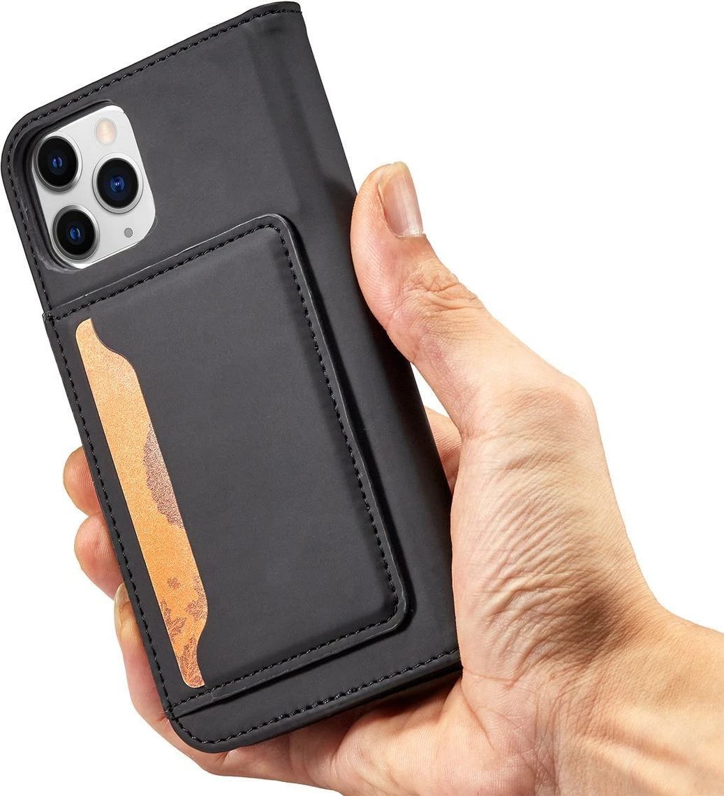 Mbështjellës Hurtel Magnet Card Case për iPhone 12, me portofol dhe mbajtëse, e zezë