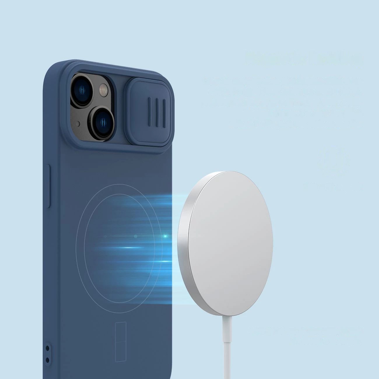 Mbështjellës Nillkin CamShield Silky Silicone për iPhone 14 Plus, MagSafe, me kapak kamere, Kaltër Mbështjellës Nillkin CamShield Silky Silicone për iPhone 14 Plus, MagSafe, me kapak kamere, Kaltër