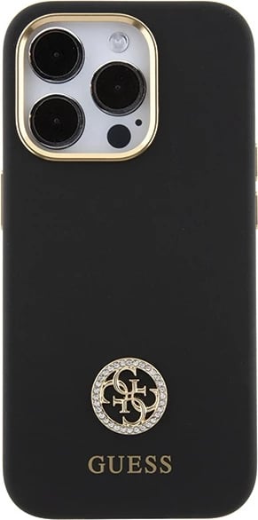 Mbështjellës Guess Silicone Logo Strass 4G për iPhone 15 Pro Max, zi