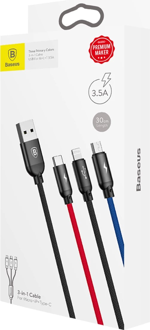 Kabllo 3-në-1 Baseus Three Primary Colors CAMLT-BSY01, 0.3m, USB-A në micro USB/Lightning/USB-C, e zezë, e kuqe, e kaltër