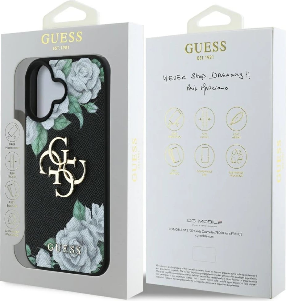 Mbështjellës Guess Grained Roses Big 4G logo për iPhone 16, i zi Mbështjellës Guess Grained Roses Big 4G logo për iPhone 16, i zi