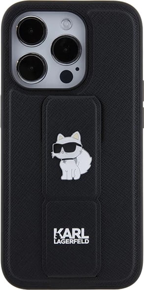 Mbështjellës Karl Lagerfeld Gripstand Saffiano Choupette Pins për iPhone 14 Pro, i zi