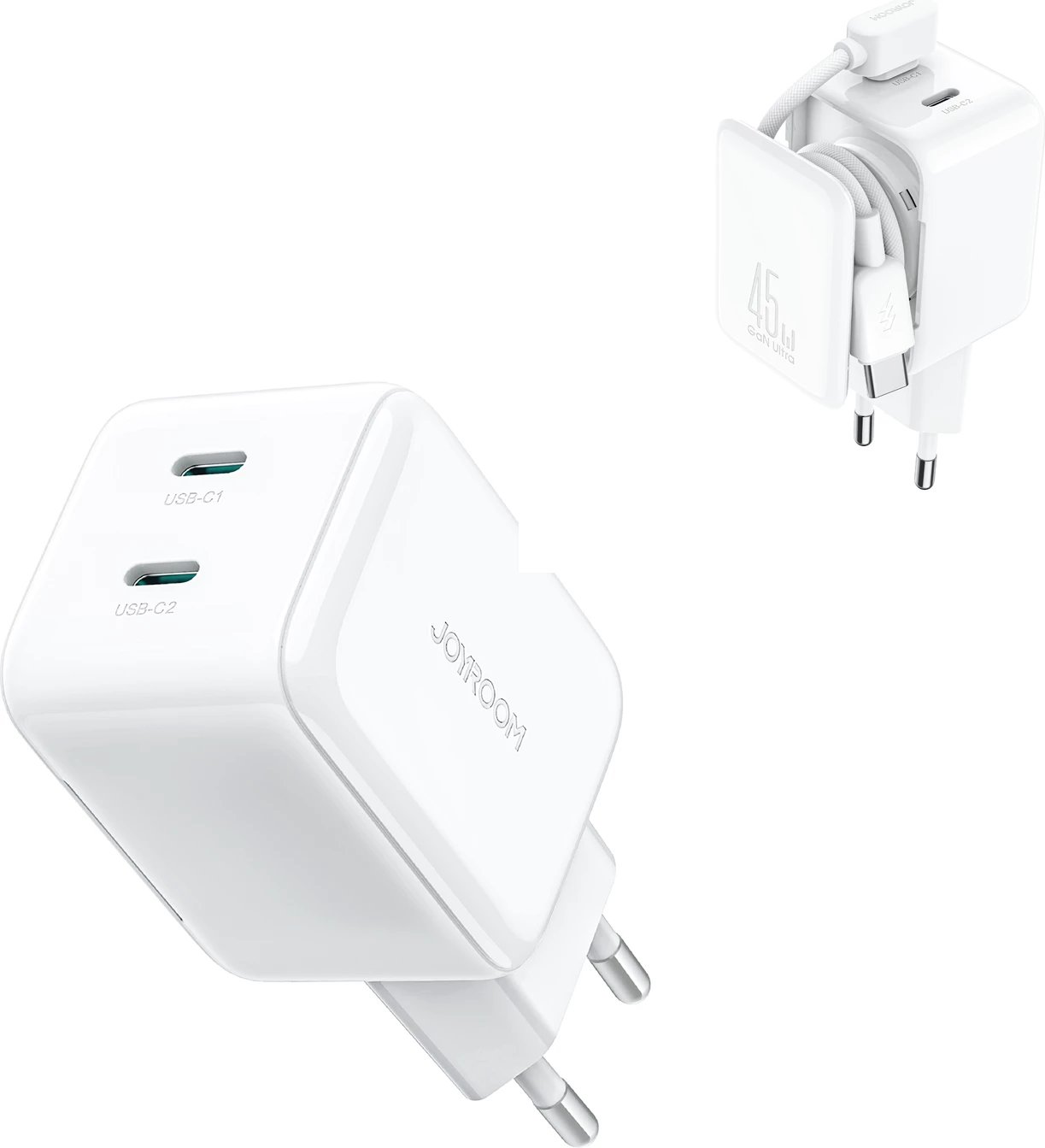 Karikues muri Joyroom JR-TCL05, 45W GaN, 2x USB-C, me organizues kablloje, i bardhë, me kabllo USB-C 1.2m