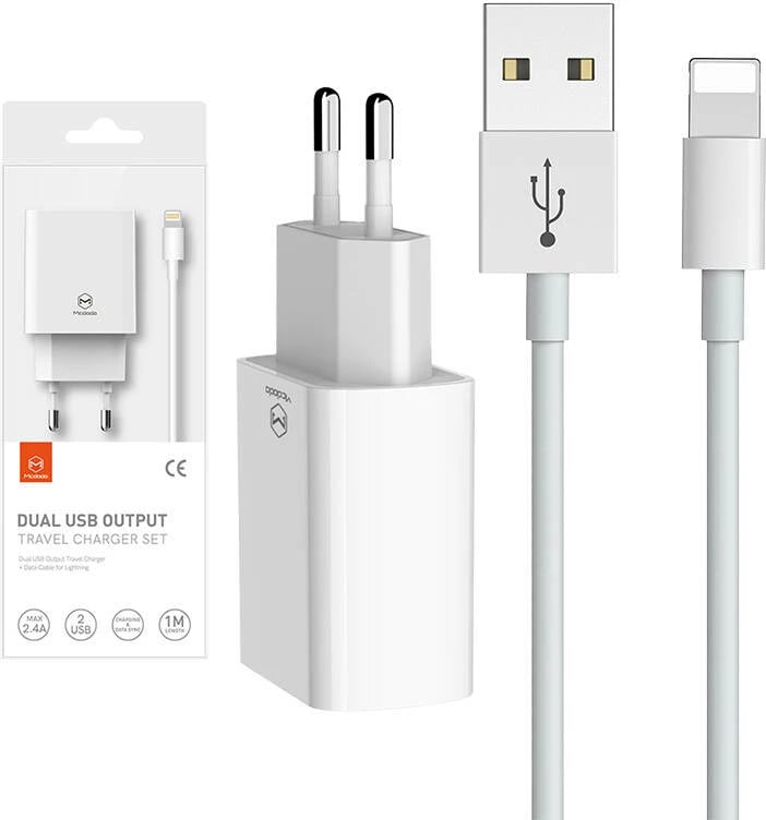Karikues dyfishtë USB Mcdodo CH-6720 me kabllo Lightning 1m, i bardhë, set udhëtimi