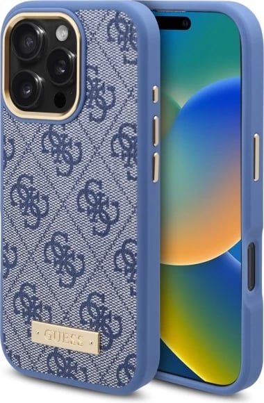 Mbështjellës Guess 4G Logo Plate MagSafe për iPhone 16 Pro, Kaltër