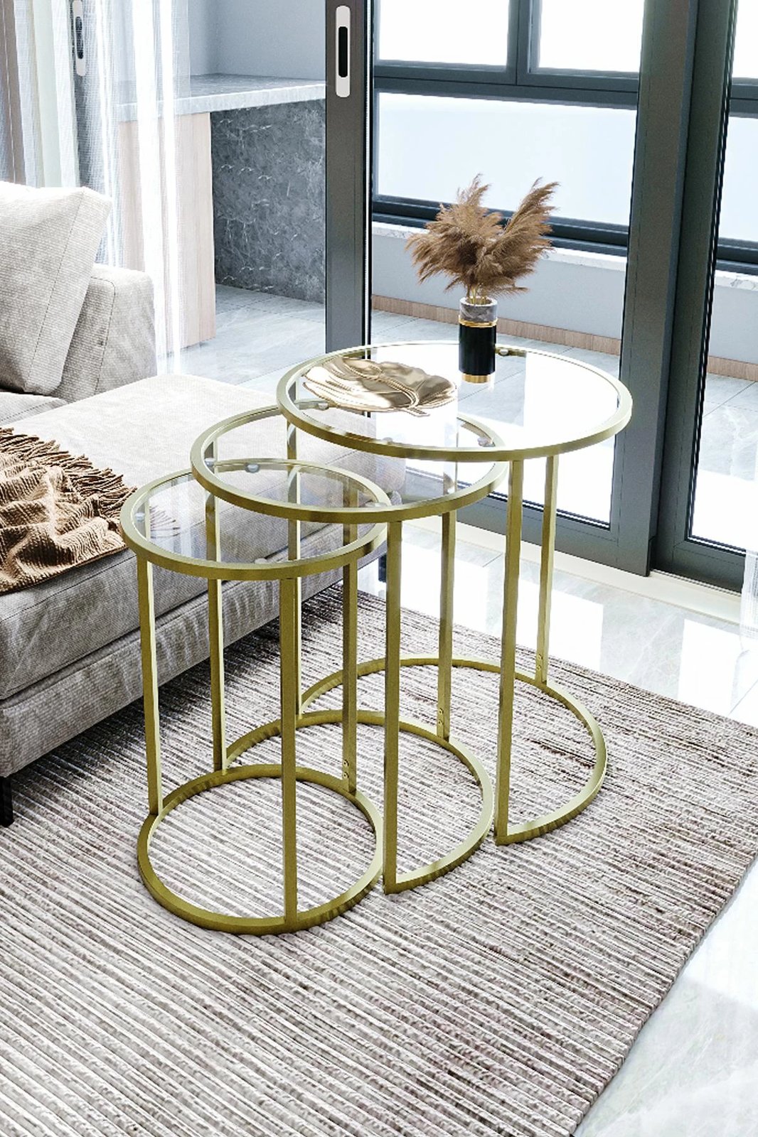 Set tavolinash të vogla, 3 copë, Hanah Home Alya, ngjyrë ari, xham transparent