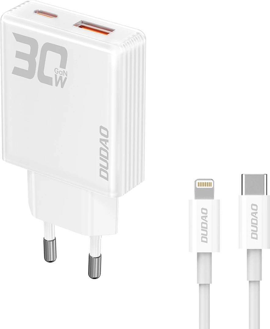 Karikues muri Dudao A30EUL, GaN, 30W, 2 porta USB-A/USB-C, me kabllo USB-C në Lightning, Bardhë