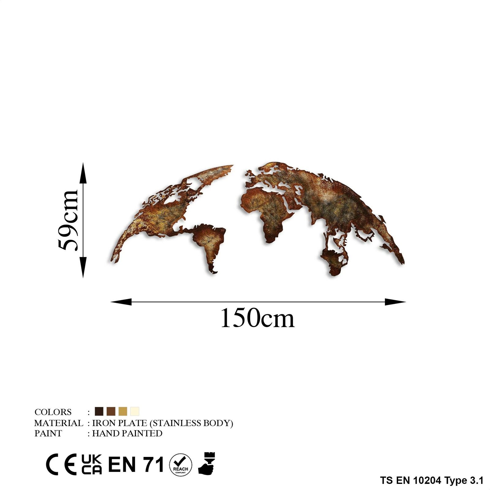 Aksesor dekorativ metalik për mur, hartë bote, madhësi mesatare, Wallity