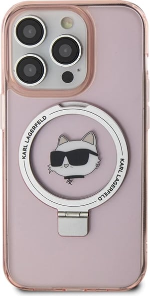 Mbështjellës Karl Lagerfeld KLHMP15XHMRSCHP për iPhone 15 Pro Max 6.7", me unazë Ring Stand Choupette Head, MagSafe, rozë