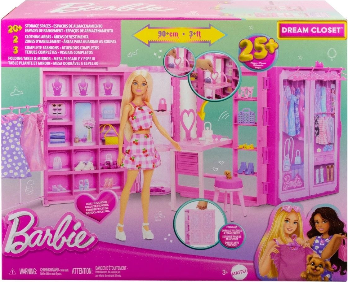 Set lodrash Barbie Dream Closet 3.0 me kukull, rroba dhe aksesorë, rozë