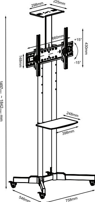 Stendë karrocë TV, TB, TB-ST1, për TV 32''-75'', 45 kg, VESA 600x400, e zezë