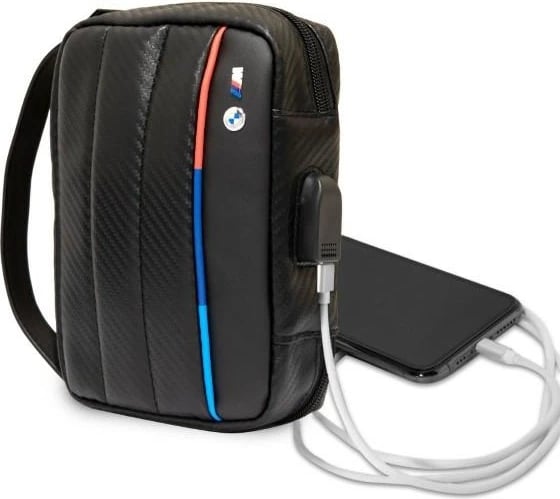 Çantë organizer BMW Carbon Tricolor, najlon dhe lëkurë ekologjike, me port USB, e zezë