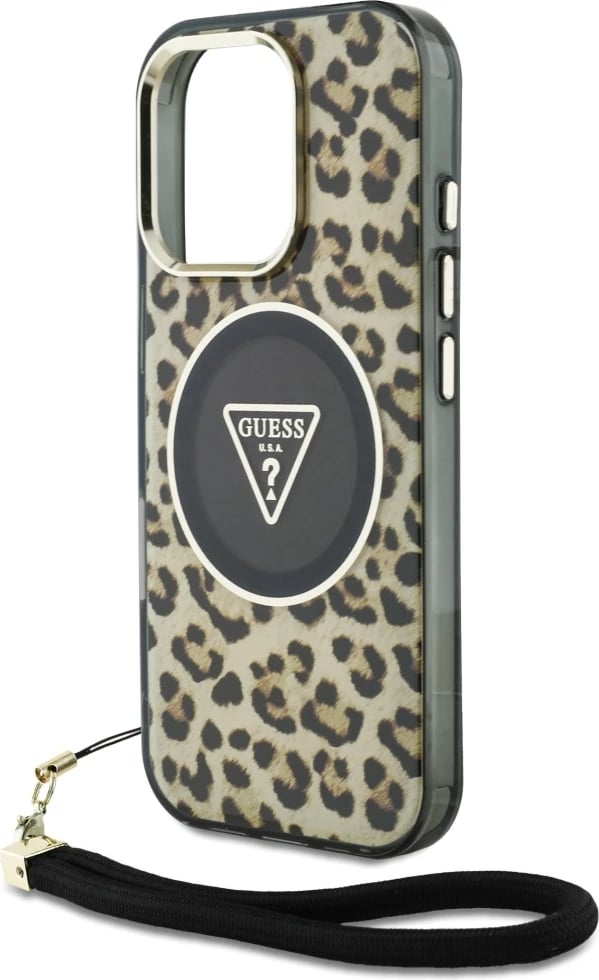 Mbështjellës Guess HC IML Leopard Triangle Cord Strap për iPhone 16 Pro, MagSafe, Kafe