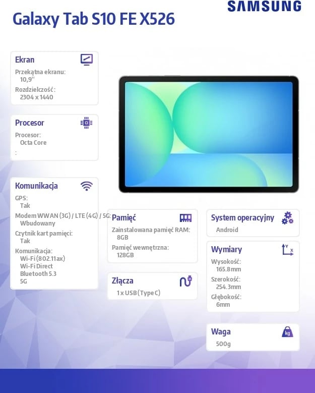 Tablet Samsung Galaxy Tab S10 FE X526, 10.9 inç, 5G, 8/128GB, Gri