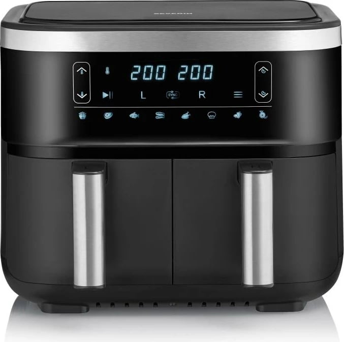 Fritezë me ajër të nxehtë dyfishe, Severin, FR 2453, 2x 3.8L, 8 programe, 80–200°C, funksion tharjeje, 1950 W, e zezë/argjendtë