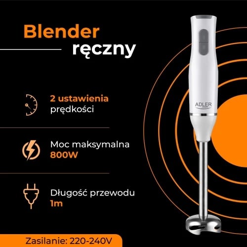 Blender dore, Adler AD 4620, 800W, 2 shpejtësi, teh/këmbë çelik inox, bardhë, set Blender dore, Adler AD 4620, 800W, 2 shpejtësi, teh/këmbë çelik inox, bardhë, set