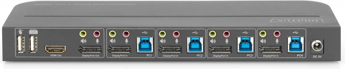 Switch KVM Digitus DS-12890, 4 porta, 4K 60Hz, 4x DP IN, 1x DP OUT, 1x HDMI OUT, 2x USB A, 1x Audio IN&OUT, gri