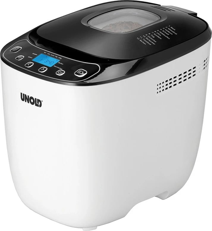 Makineri buke UNOLD 68010, 1 kg, timer i programueshëm, kontroll i thekjes, funksion mbajtje ngrohtë, dritare shikimi, e bardhë