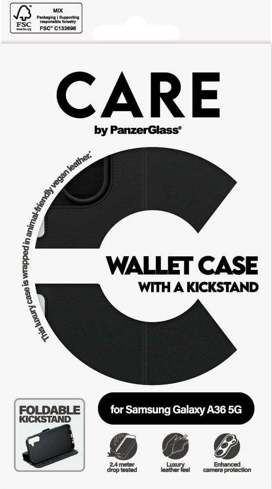 Mbështjellës PanzerGlass CARE Feature Wallet Case për Samsung Galaxy A36 5G, e zezë