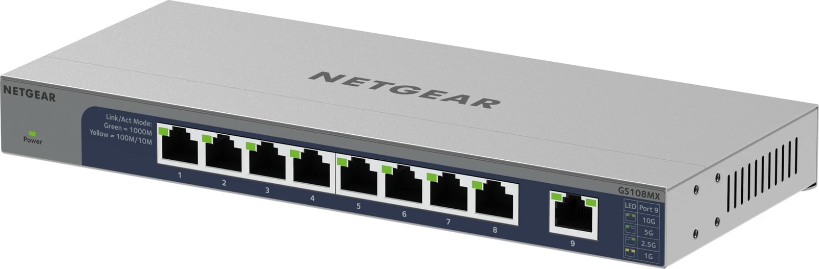 Switch NETGEAR GS108MX, 8 porte Gigabit, 1 portë 10G, kasë metalike