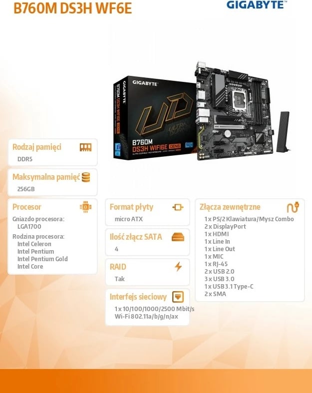 Kasë Gigabyte B760M DS3H WF6E GEN5, micro ATX, LGA1700, DDR5, Wi-Fi, e zezë