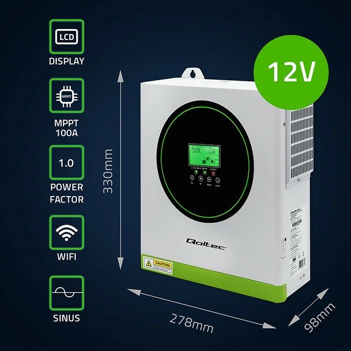 Inverter solar hibrid Qoltec 53863, 1500W, 100A, 12V, MPPT, Sinus i pastër, Wi-Fi, Bardhë/Gjelbër
