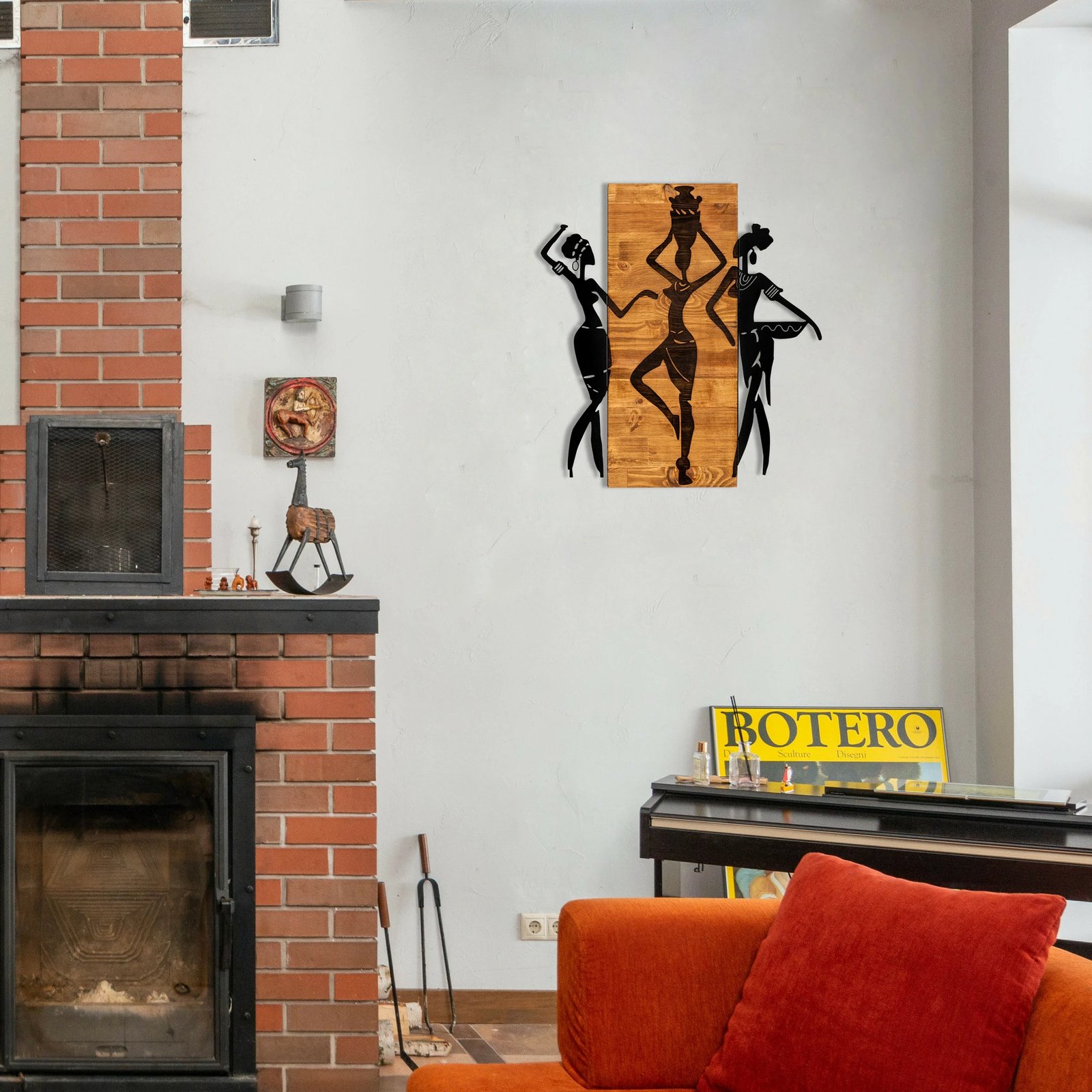 Aksesor dekorativ për mur, dru dhe metal, Wallity, Afrikan, ngjyrë e zezë dhe arre, 54x58cm