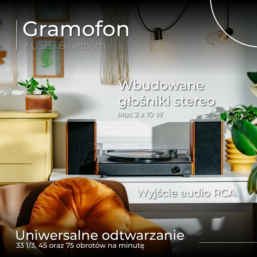 Gramofon Adler AD1915 me USB, Bluetooth, altoparlantë të integruar, i zi me pamje druri