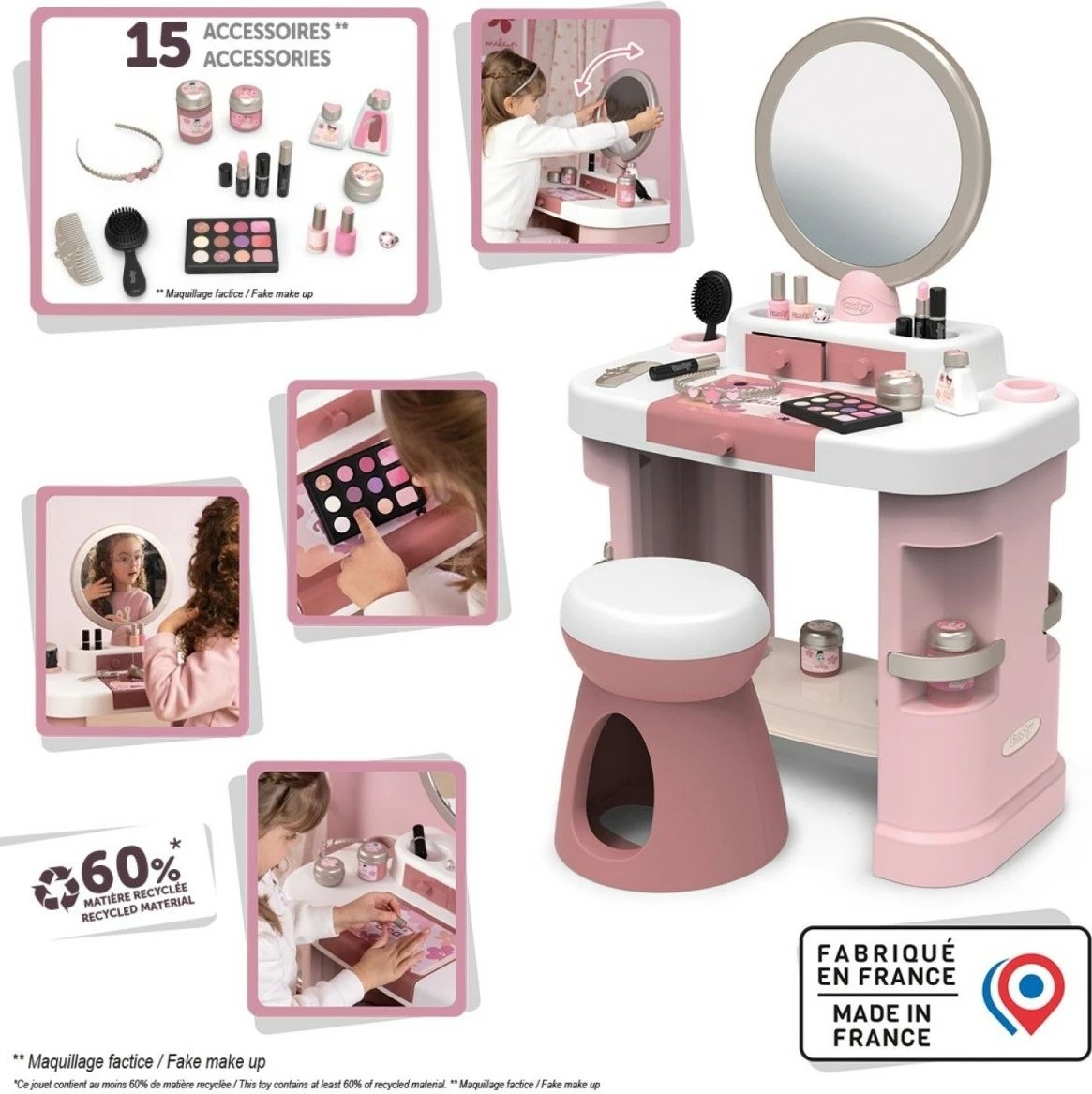 Tavolinë grimi lodër Smoby My Beauty Dressing Table me 15 aksesorë, Rozë/Ari/E bardhë