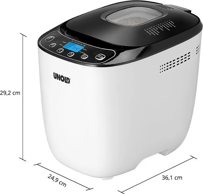 Makineri buke UNOLD 68010, 1 kg, timer i programueshëm, kontroll i thekjes, funksion mbajtje ngrohtë, dritare shikimi, e bardhë