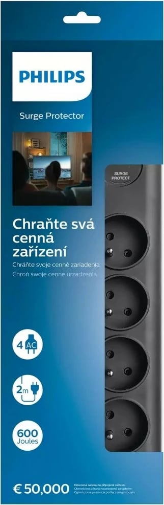 Prizë me mbrojtje nga mbingarkesa Philips SPN7080BA/60, 8 dalje, 2m, e zezë