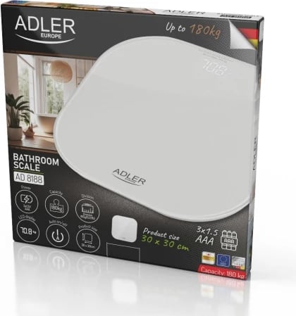 Peshore banjoje Adler AD 8188, kapacitet 180 kg, saktësi 100 g, ekran LED, xham i temperuar 5 mm, e bardhë