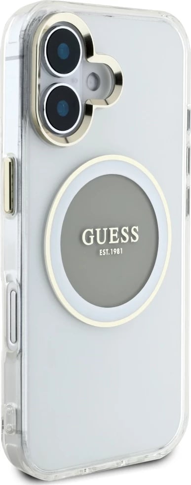 Mbështjellës Guess IML Metal Colored Circle Classic Logo MagSafe për iPhone 16, Gri
