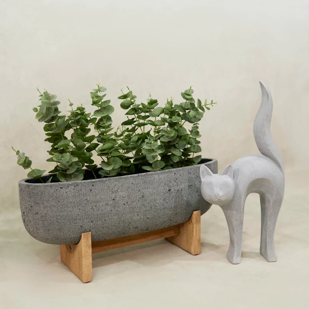 Statujë dekorative mace, gur sintetik, ngjyrë gri, 31x15x62cm