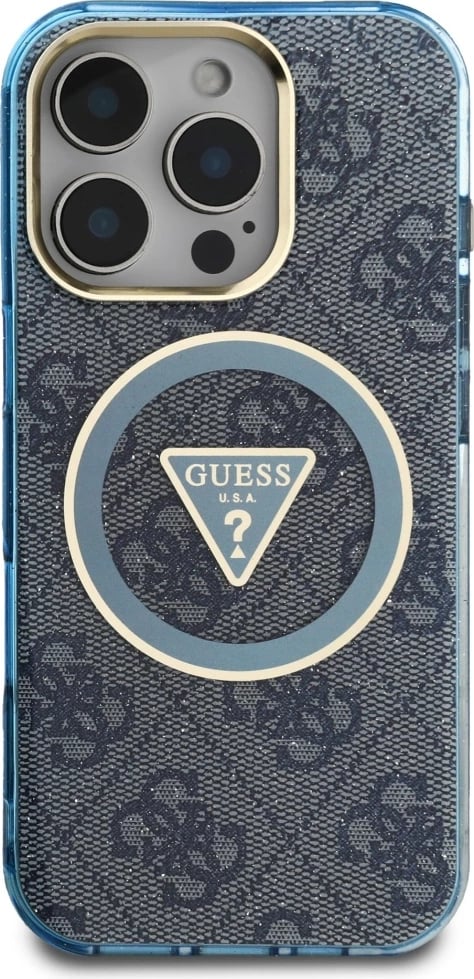 Mbështjellës Guess IML Metal Glitter 4G Circle Triangle MagSafe për iPhone 16 Pro Max, Blu