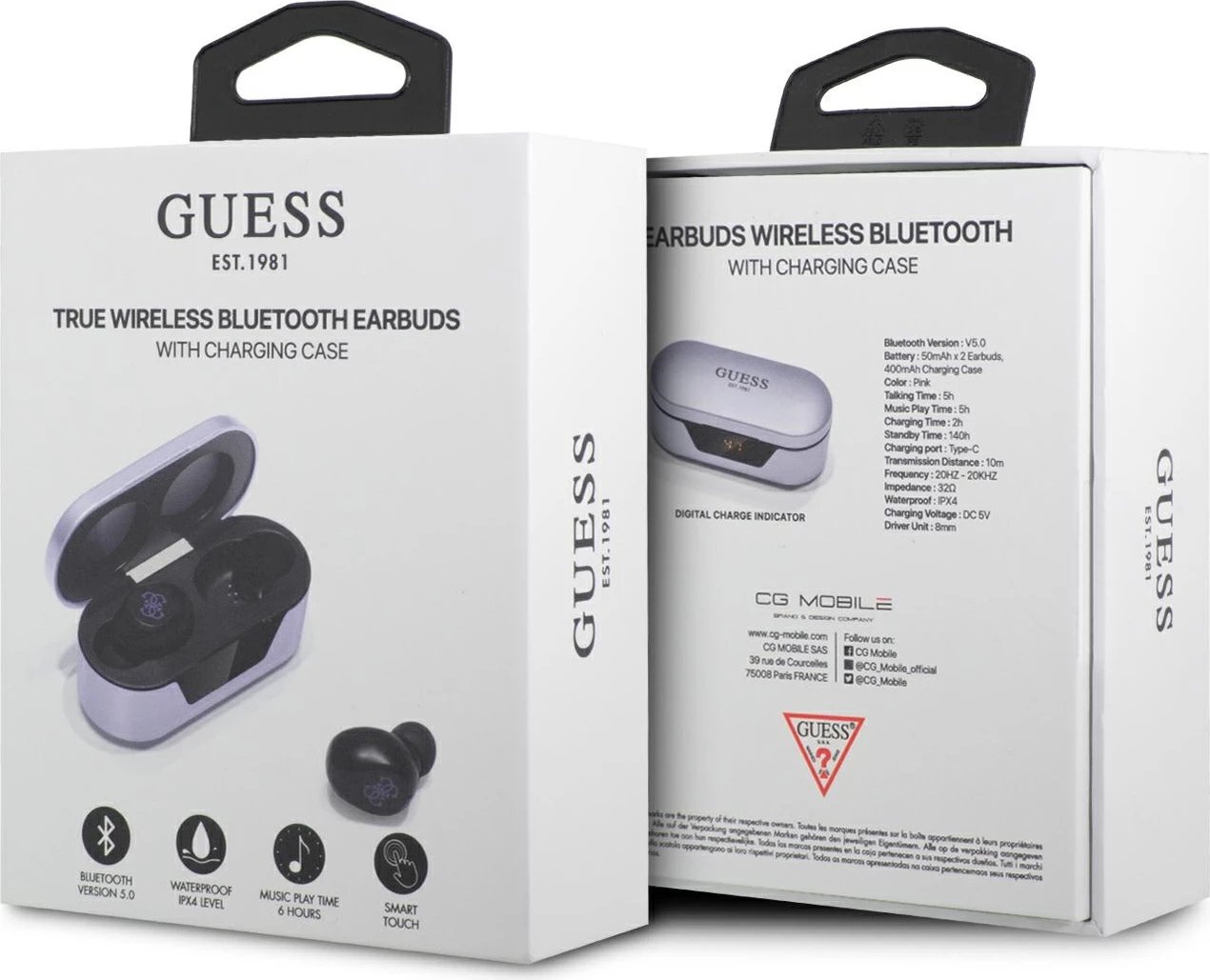 Kufje TWS Guess GUTWST31EU me Bluetooth 5.0, me stacion karikimi 400mAh, Violet