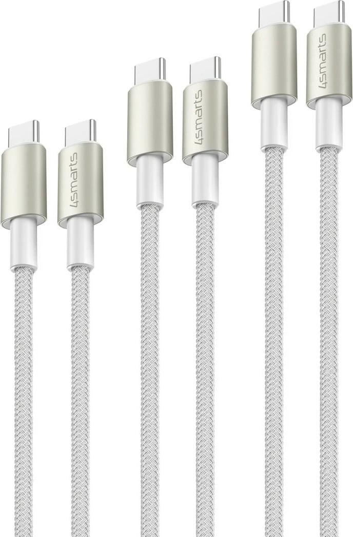Kabllo USB-C 4smarts PremiumCord 3m, set 3 copë, 60W, najlon, e bardhë