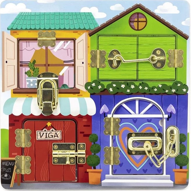 Lojë edukative druri, Viga, Locking and Unlocking, tabelë sensoriale me 4 dyer e bravë të ndryshme, 300x300 mm, Multingjyrës