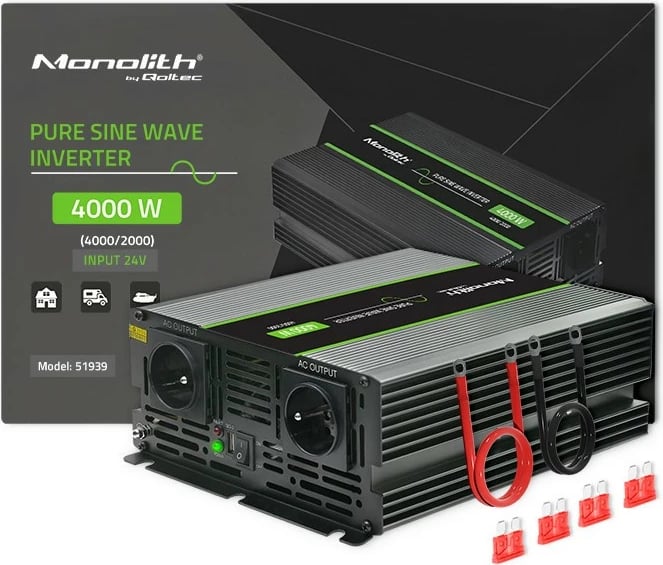Konvertues voltazhi Qoltec Monolith 51939, 2000W/4000W, 24V në 230V, grafit