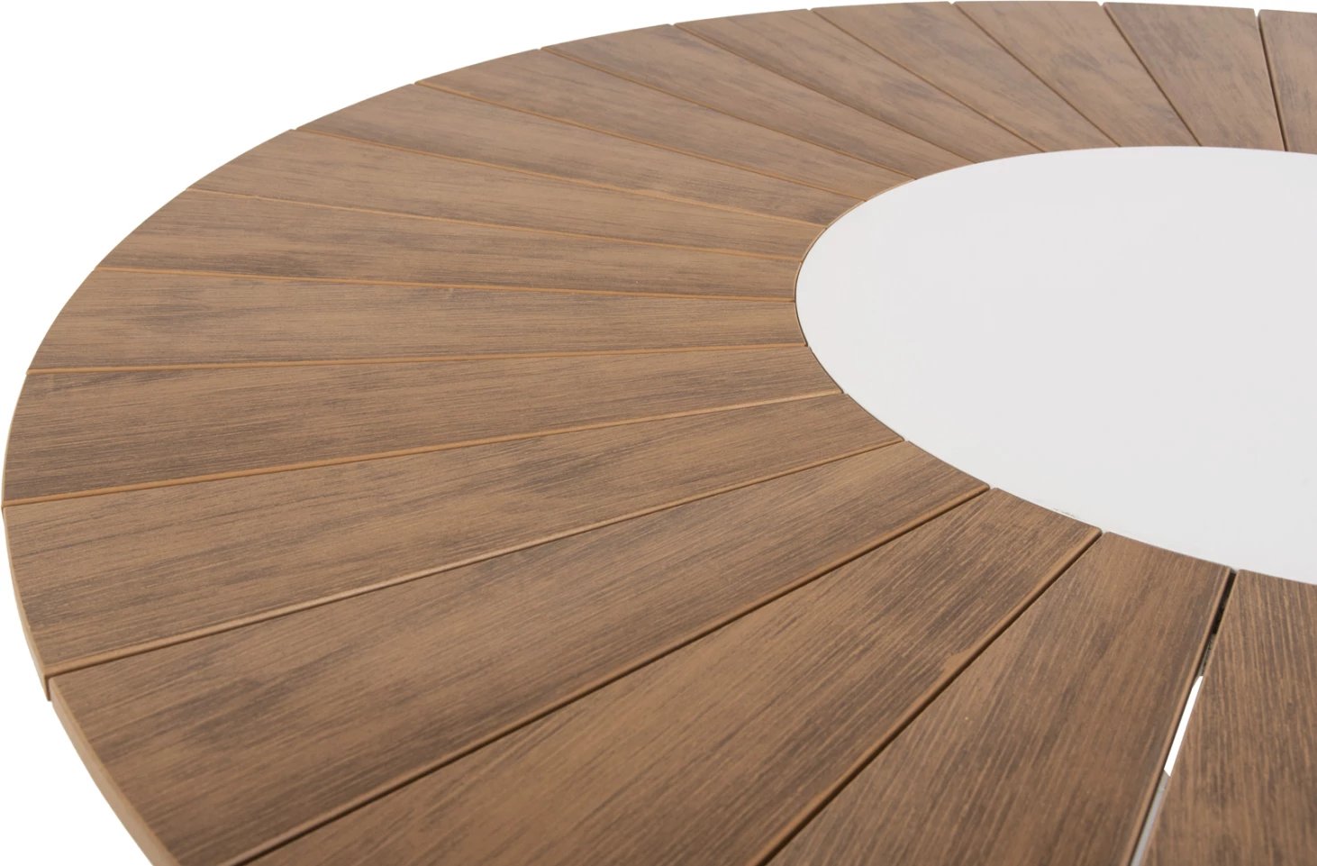 Tavolinë e rrumbullakët për jashtë, MORIL FH6041.02, alumin në të bardhë, polivud në ngjyrë druri natyral, Φ120cm