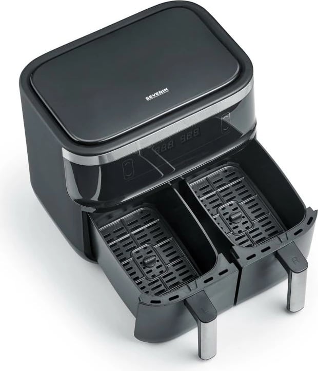 Fritezë me ajër të nxehtë dyfishe, Severin, FR 2453, 2x 3.8L, 8 programe, 80–200°C, funksion tharjeje, 1950 W, e zezë/argjendtë